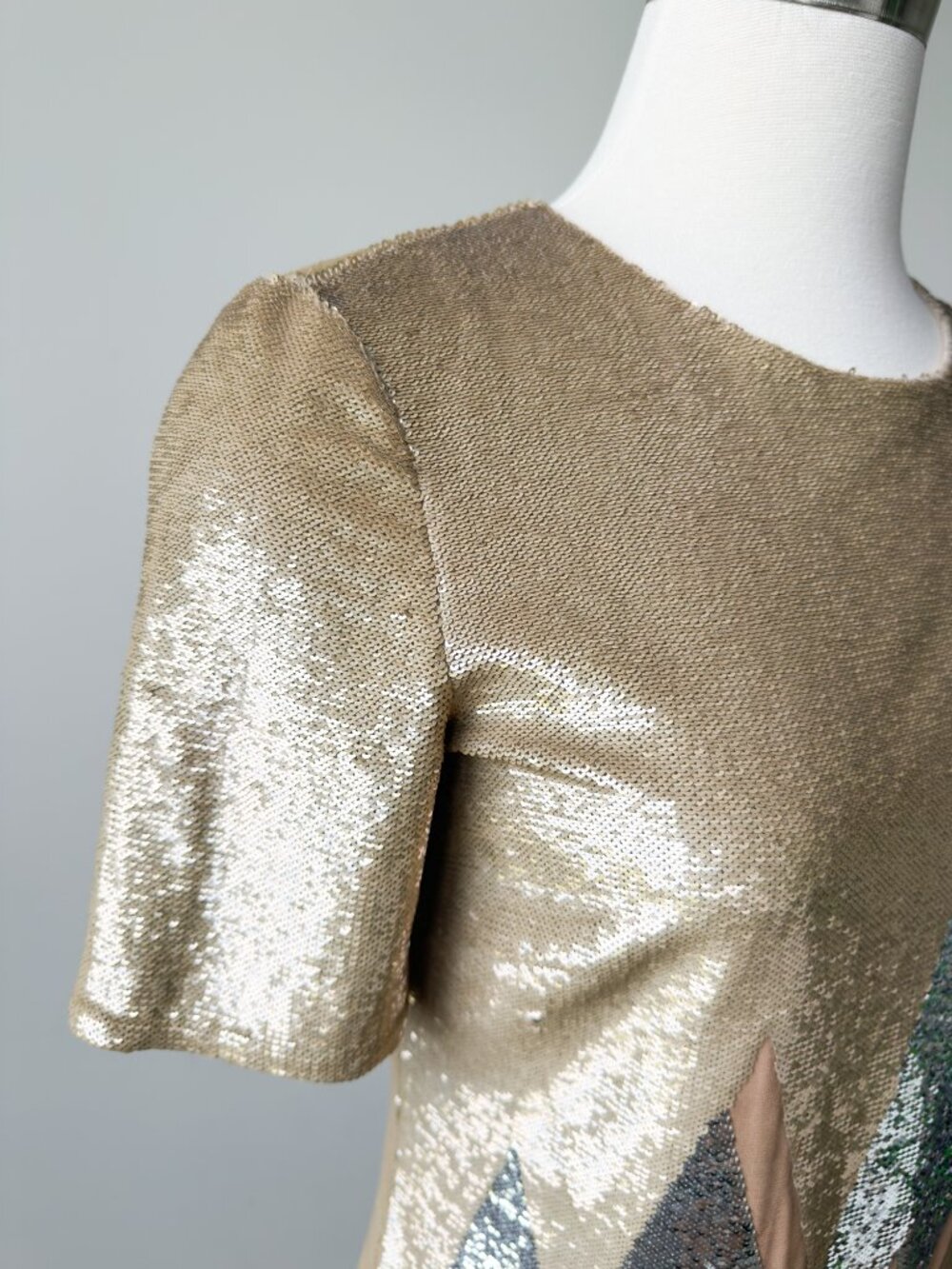 Emilio Pucci Sequin Lightning Bolt Mesh Shift Mini Dress Gold Silver IT 38 US 4 - Picture 5 of 13